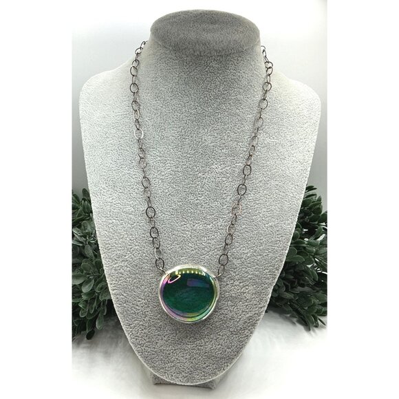 Iridescent Green Glass Pendant Necklace With Silver Chain - Picture 2 of 7